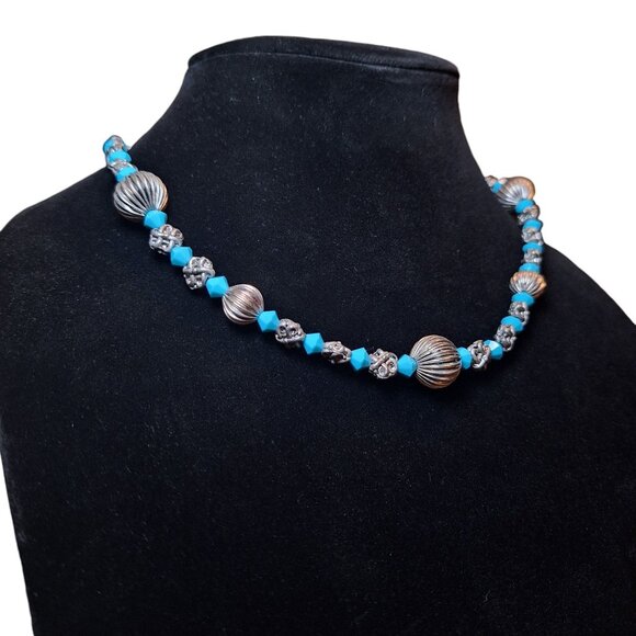 Vintage Turquoise Silver Bead Necklace Leaf Toggle Clasp 16 Inch Costume - Picture 10 of 13